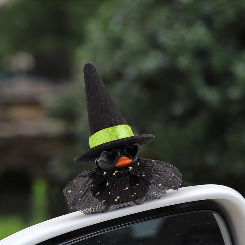 wonuu Car Dashboard Witch Black Rubber Ducks for Halloween, Decorations Duck for Office Desk Ornament Accessories with Hat Glasses Skirt, Green - Image 2